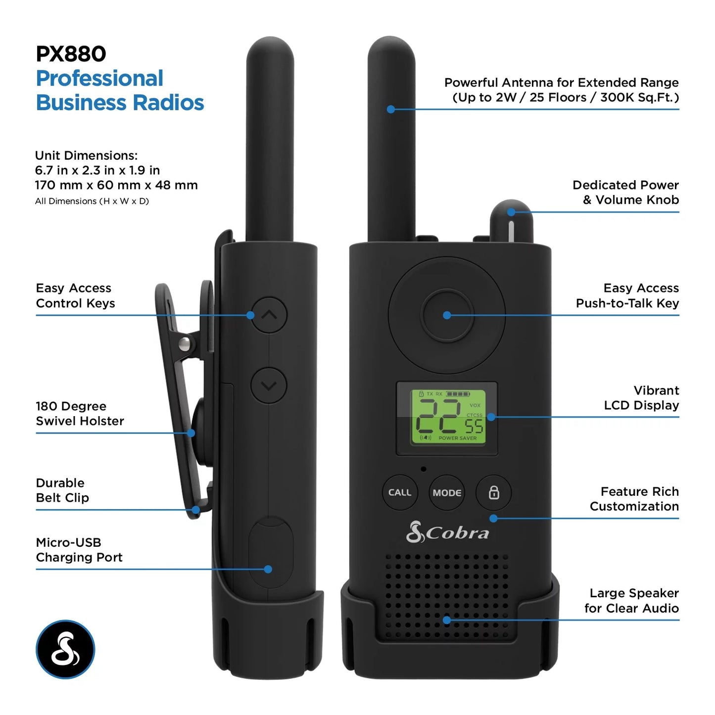 Black, Pack Radios Cobra® CBA-PX880 2 MicroTALK Two-Way Of Radios,