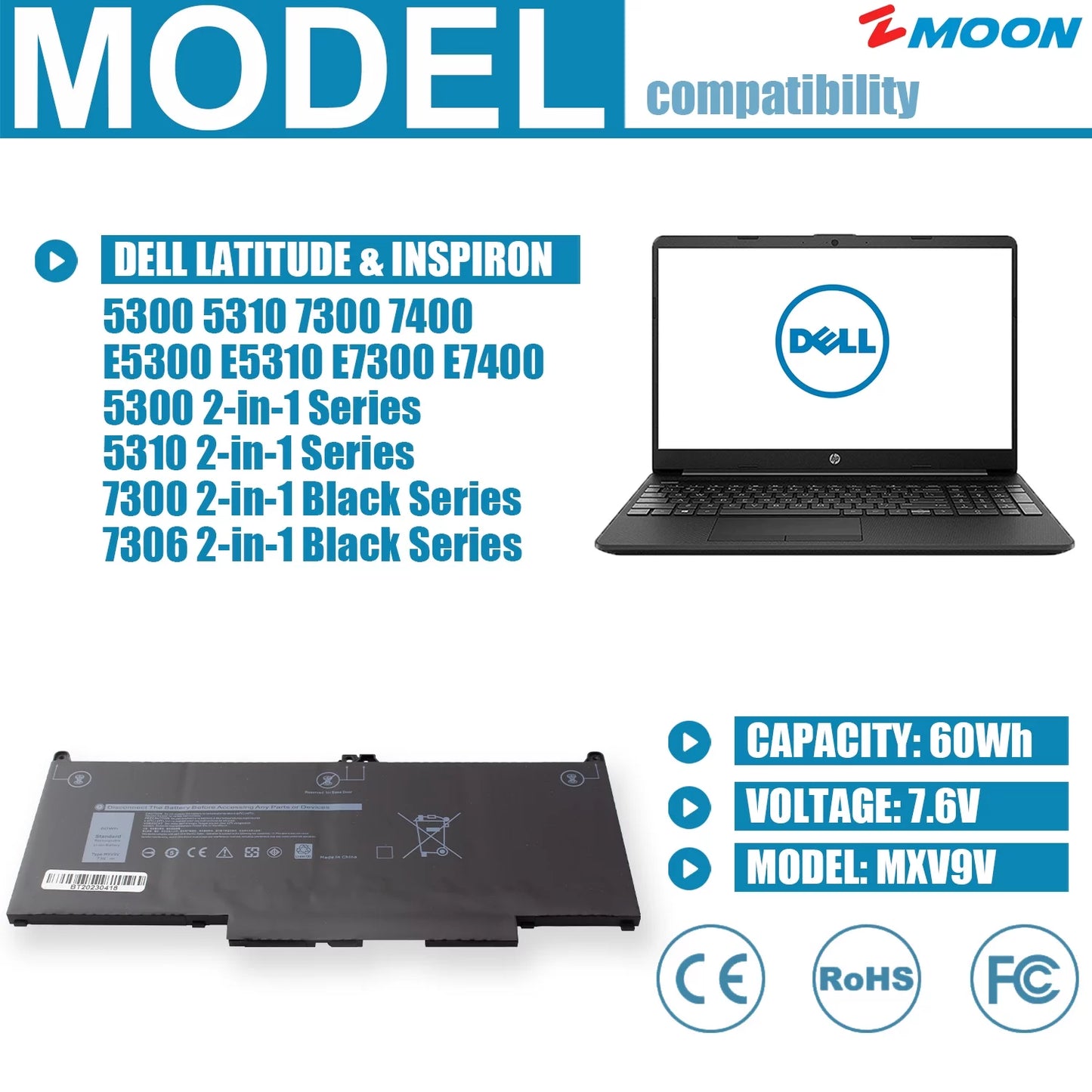 7400 5300 Inspiron in P97G P100G Latitude for Black, 7300 MXV9V 1 P99G P96G Battery Dell 7300 2 7306 5310 Laptop