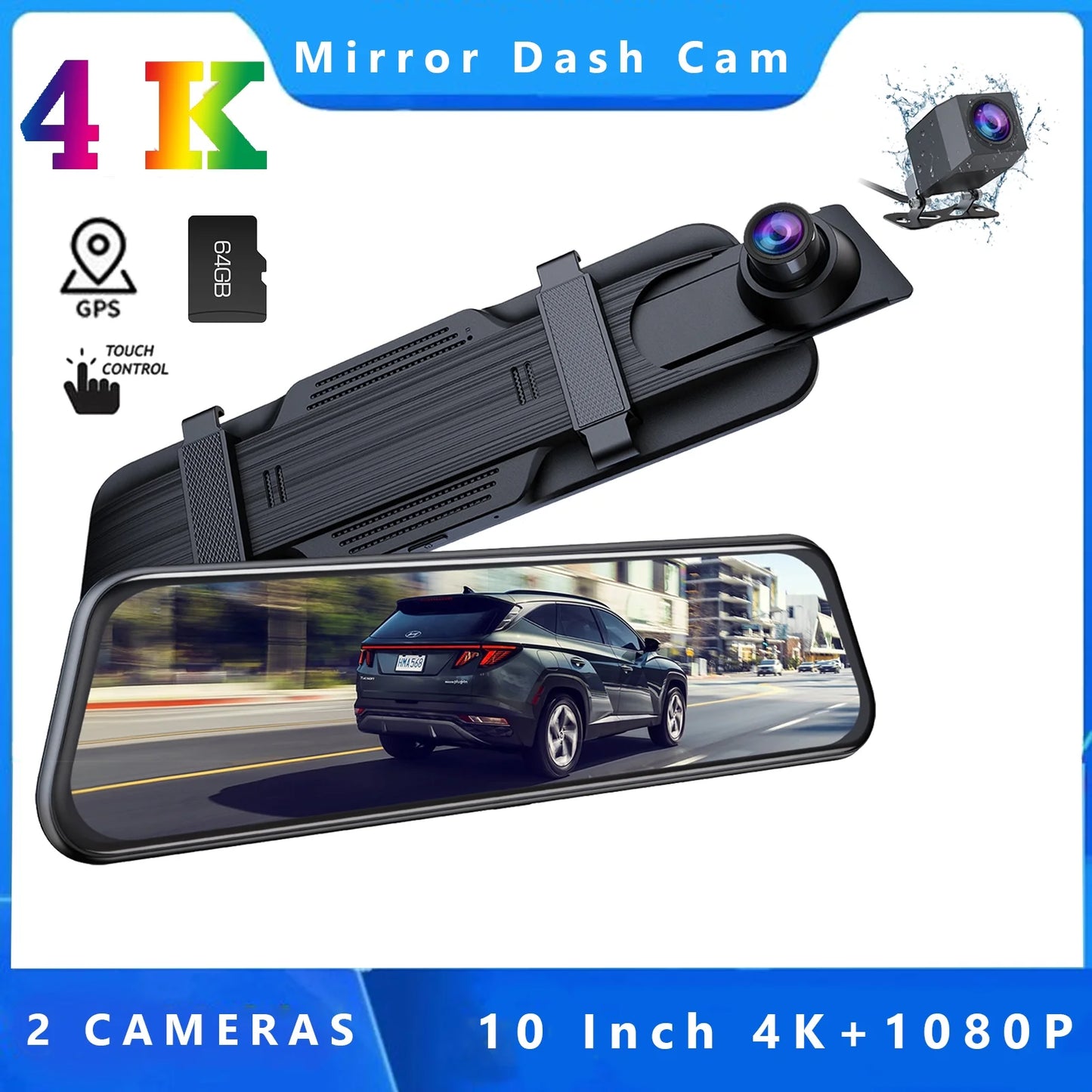 Assist, 4K+1080P Rear View 64GB Screen and Rear Monitoring, GPS Backup Camera Memory Touch Mirror Dash Card, Parking with Front Parking Camera, 10" TOGUARD Cam,