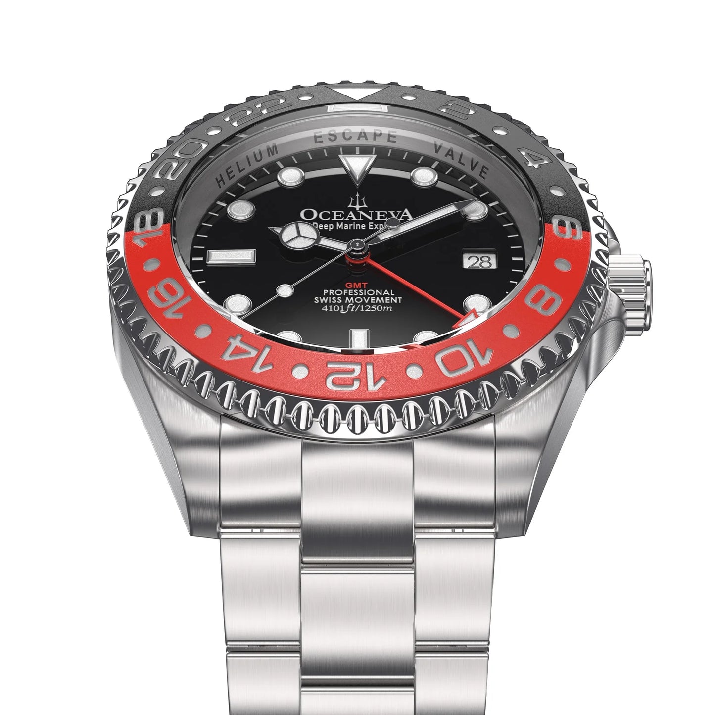 1250M Quartz, Pro Black- Swiss Marine Steel Red Men's Oceaneva™ GMT Explorer Diver Bracelet Movement Deep and Watch Stainless