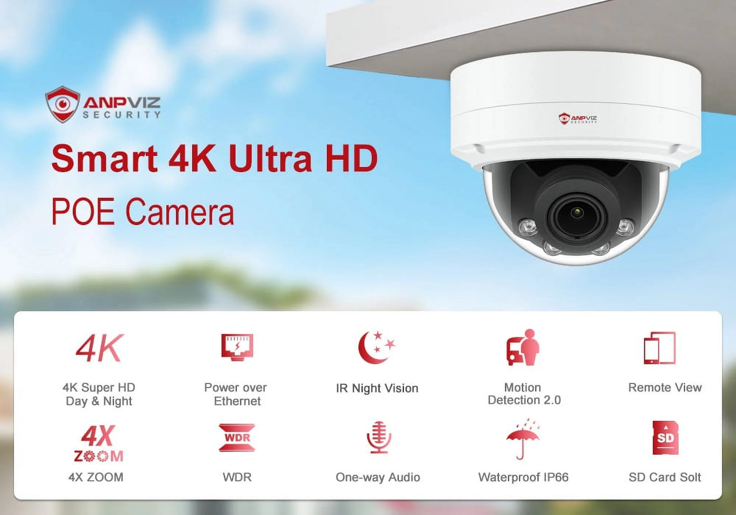 Built Camera H.265 30m Camera ANPVIZ IP 4X Human IP66 Vehicle Detection 8MP Mic Distance IR Zoom in Support