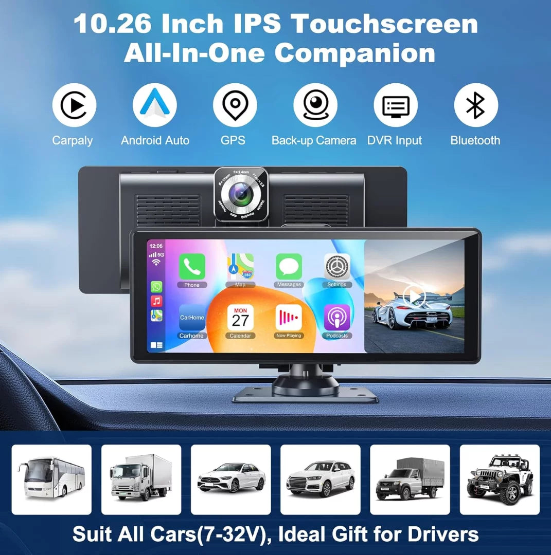 Wireless Inch Back-up with 4K Support Carplay& Car Android Camera Bluetooth/Siri/Google/GPS/Mirror-Link Touchscreen IPS Auto Dashcam and Screen,10.26 HD Portable