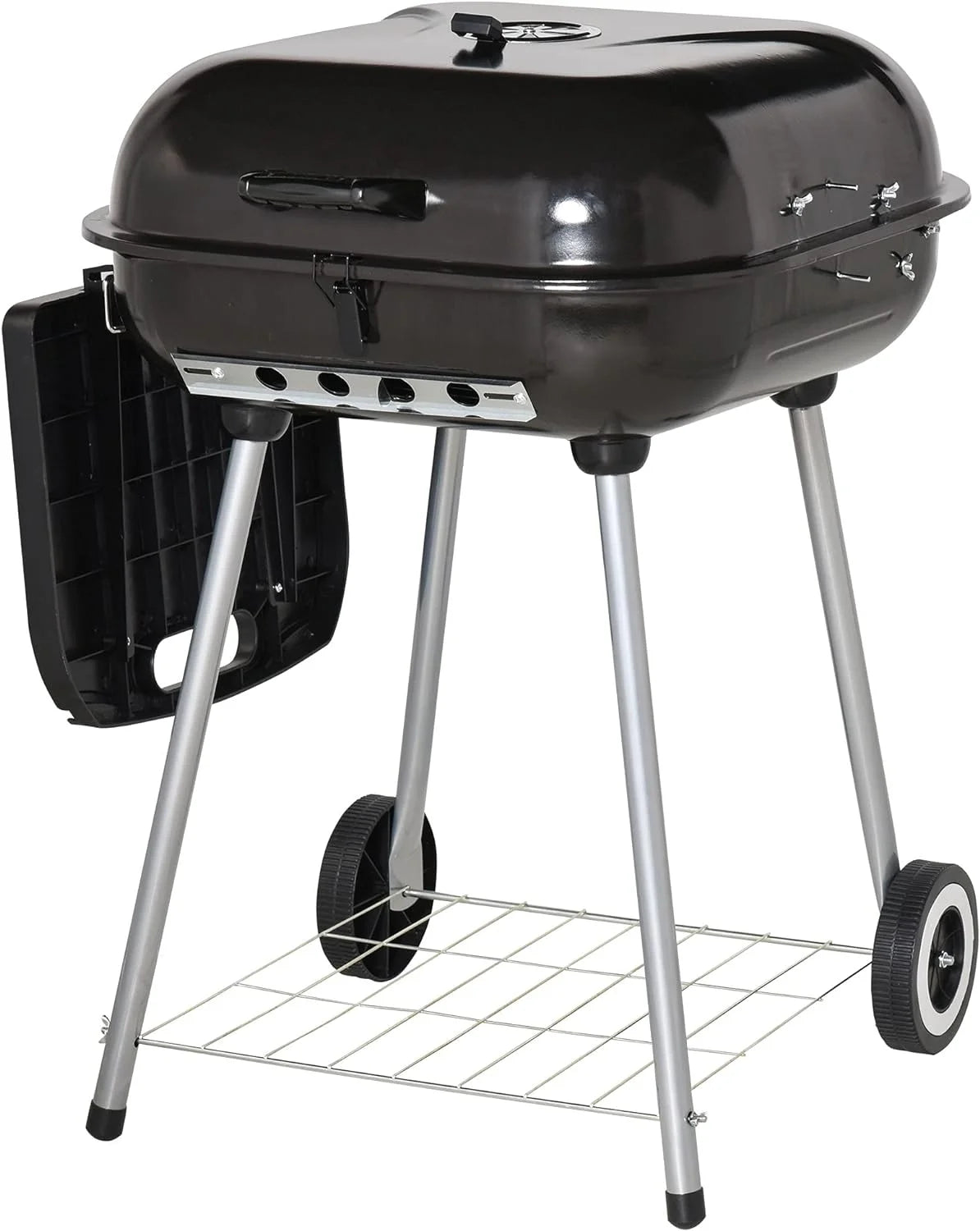 Lid Bottom BBQ Wheels with Shelf, Adjustable Side and on Foldable Charcoal Shelf Black Smoker Picnic Backyard Vents with Portable Grill Camping and for Cooking,