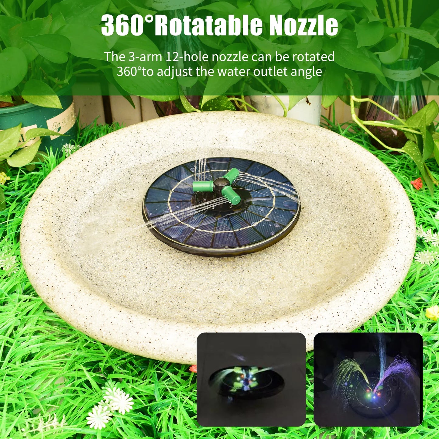 Solar Fountain Fountain Small 6W off Garden Battery 9 Bath Auto-Shut for Nozzle Rotatable Pump RGB With Colorful Solar Inch Pump With Pond Bird