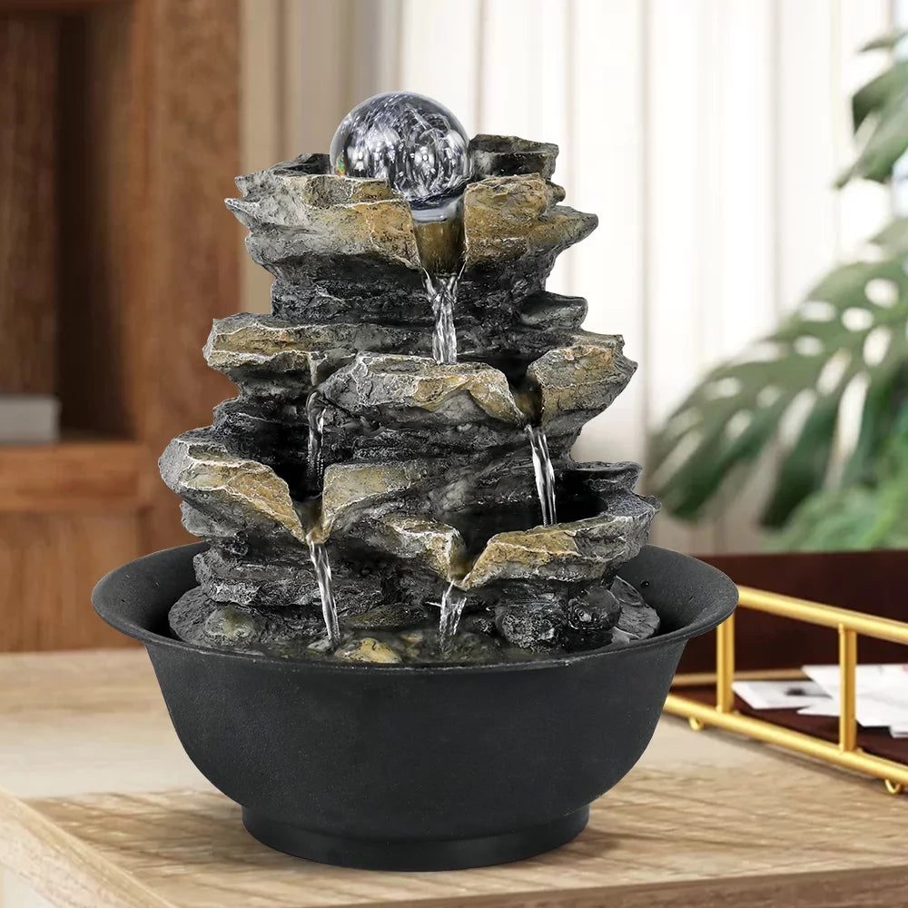 Lights Water Rock Falls 4-Tier Tabletop 8.3-inch and with Fountain Home Office Cascading Decor for LED High