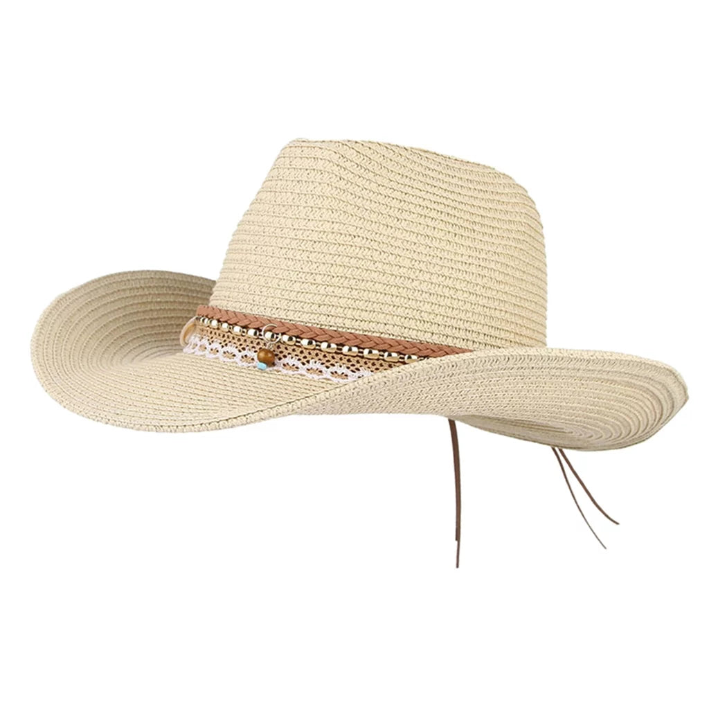 Straw Packable Big Western Hat Style Beige Women Sun Brim Trilby Cowboy Floppy