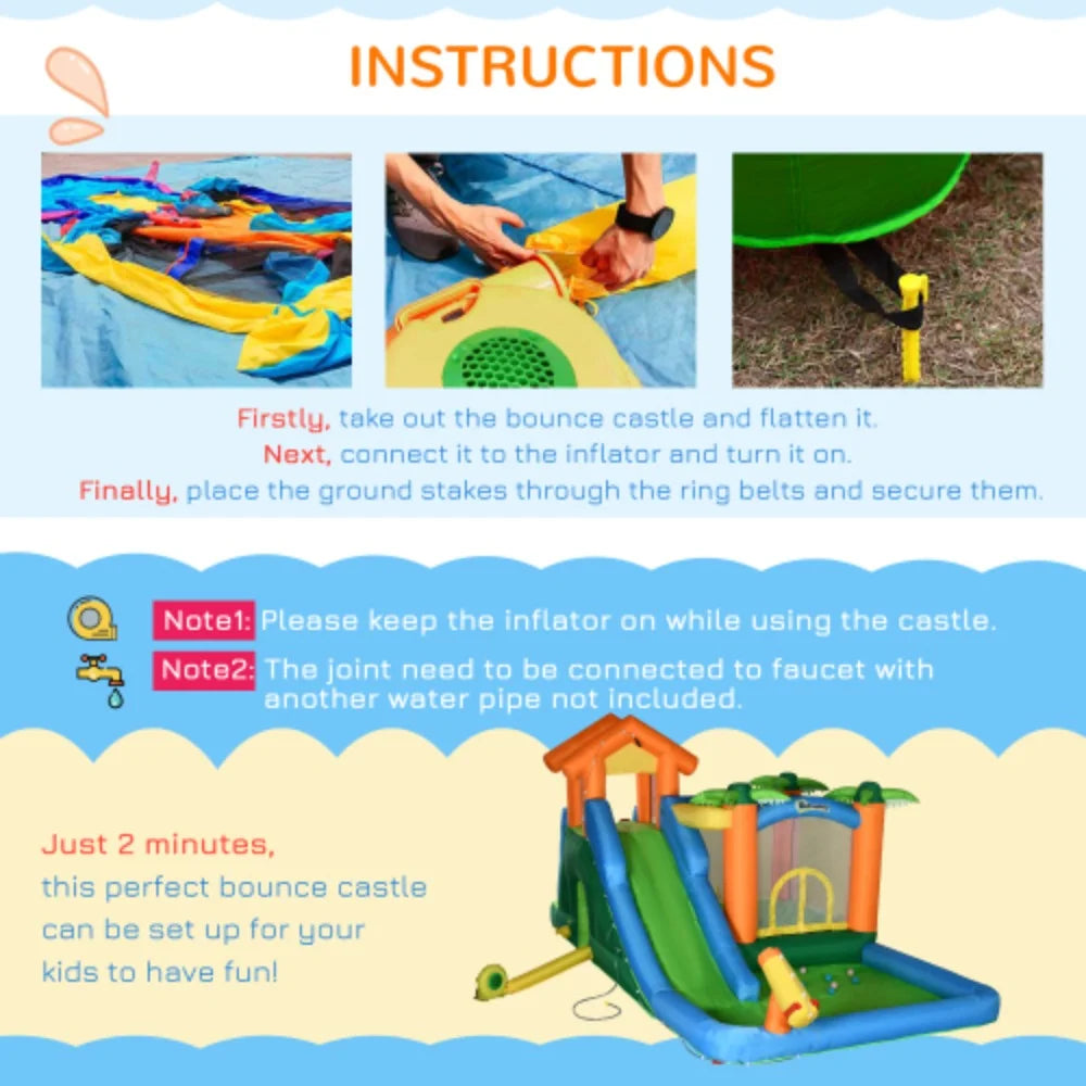 6-in-1 450W Cannon Theme Inflatable Slide Trampoline Repair Outsunny Wall Floating Castle Pool Carry Jumping Slide Tropical Bag, Climbing Patches with Includes Water Air Blower and Ball Summer