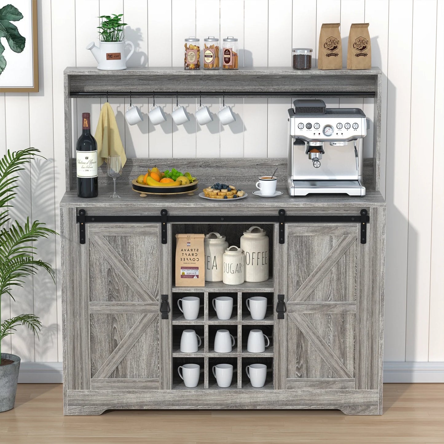 Buffet Bar Kitchen with Coffee Hooks Storage,Liquor Dining Sideboard Rack and Room(Gray) Urban Deco for 6 with Bar Cabinet