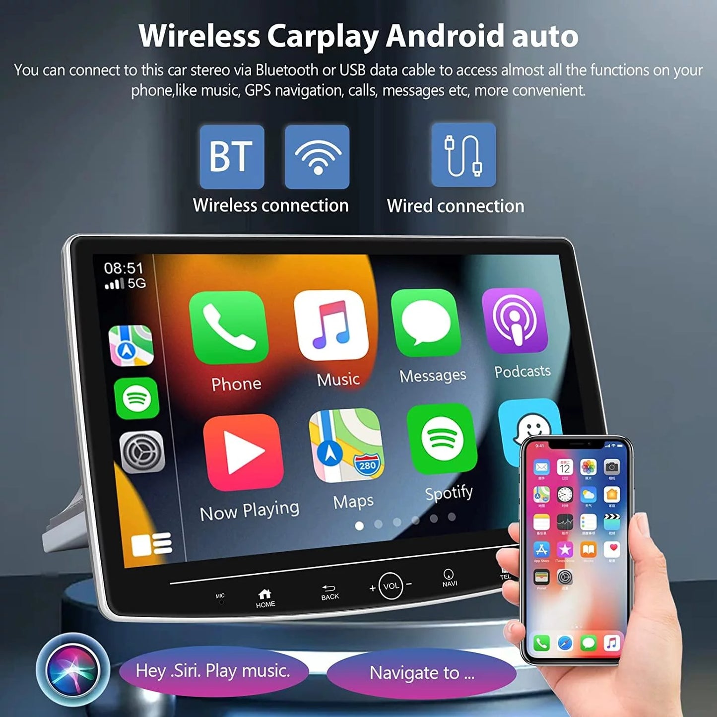 USB Stereo USB Wireless Touch Audio FM DIN 11 Microphone&Backup HD Car Cable GPS 1 Apple Radio Android 2+32G Carplay Bluetooth HIFI,with Auto Screen Android 10.1'' Camera WIFI Single Podofo