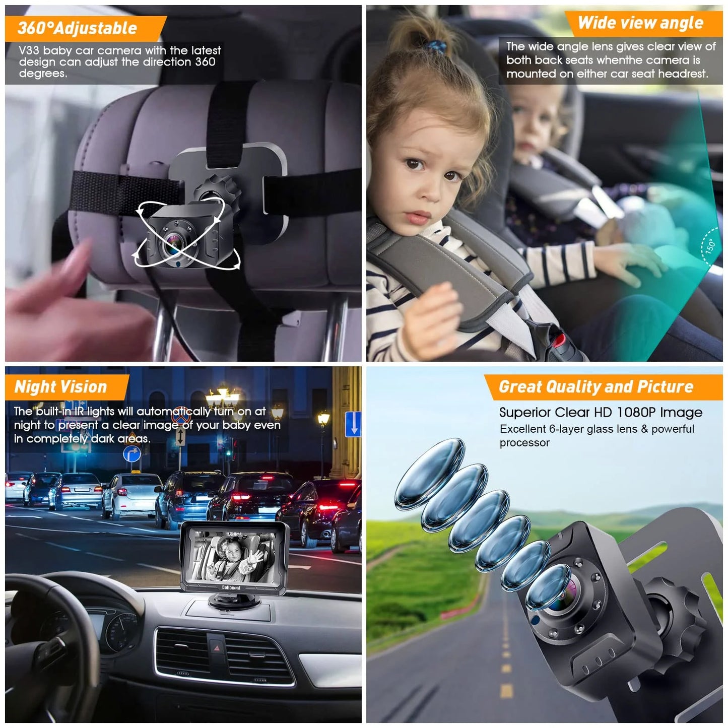 Backseat Play Install DoHonest Kids 1080P: Monitor -V33 3 Baby Easy Vision Car Camera HD Plug Rotating with Facing Two Car Camera Rear Camera 360&deg; Night Baby and Mins Crystal