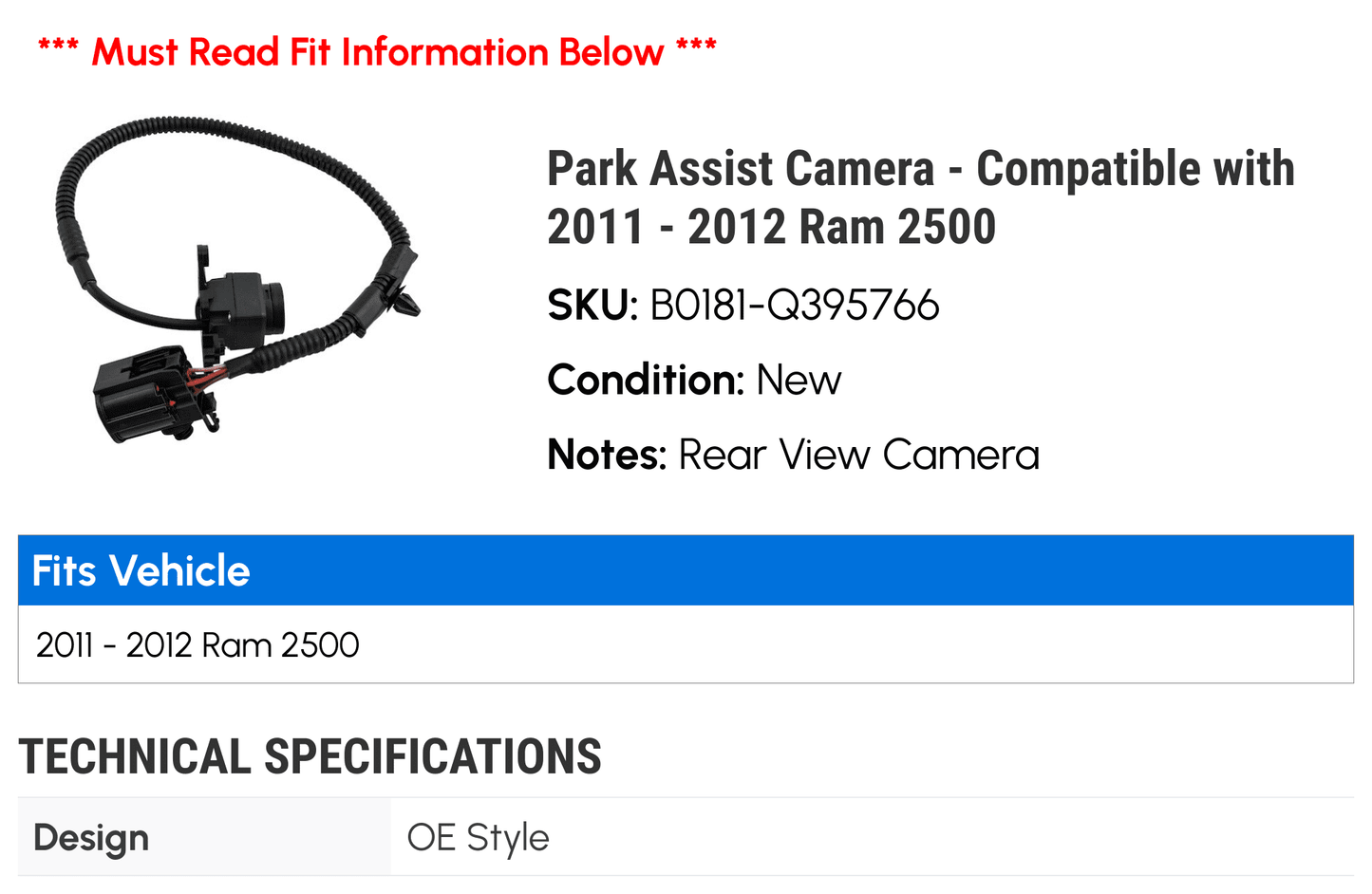 2011 - Park 2012 Camera Ram Assist with - 2500 Compatible