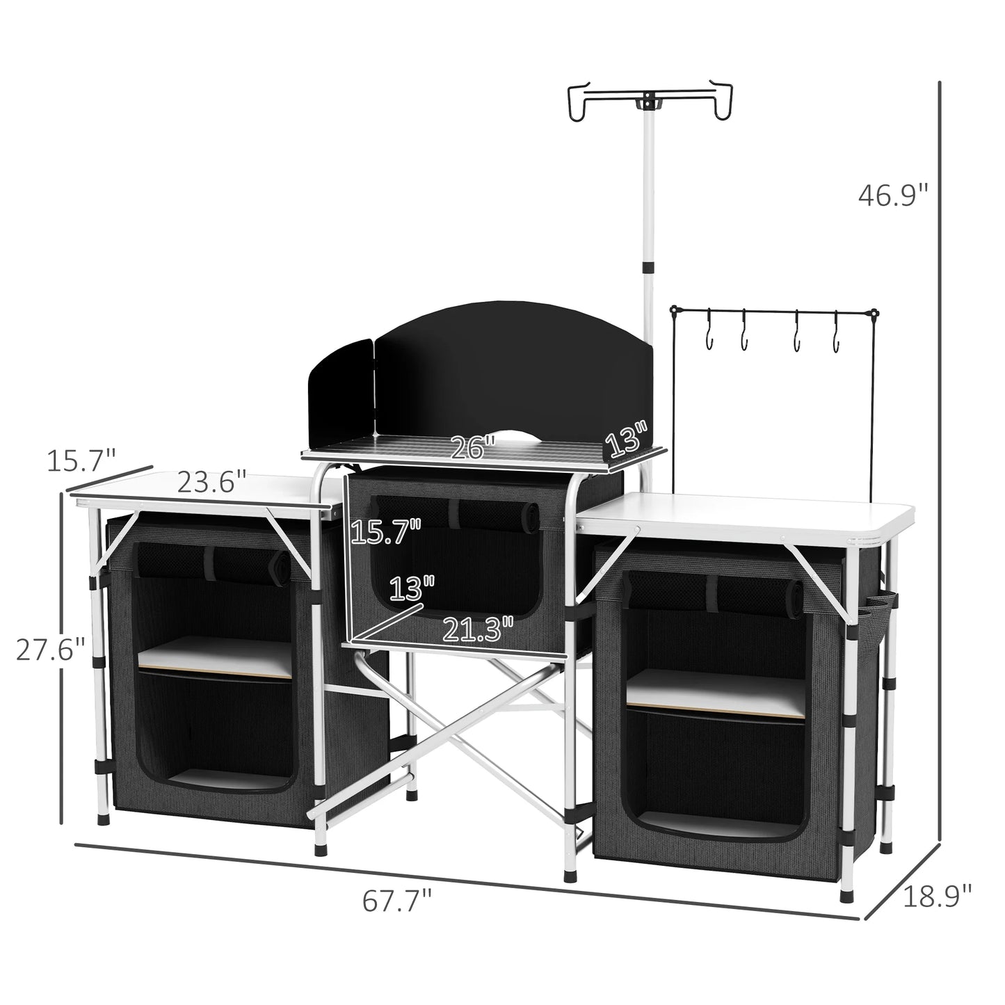 Outsunny Fabric Kitchen Folding Windshield with Cupboards Black Camping