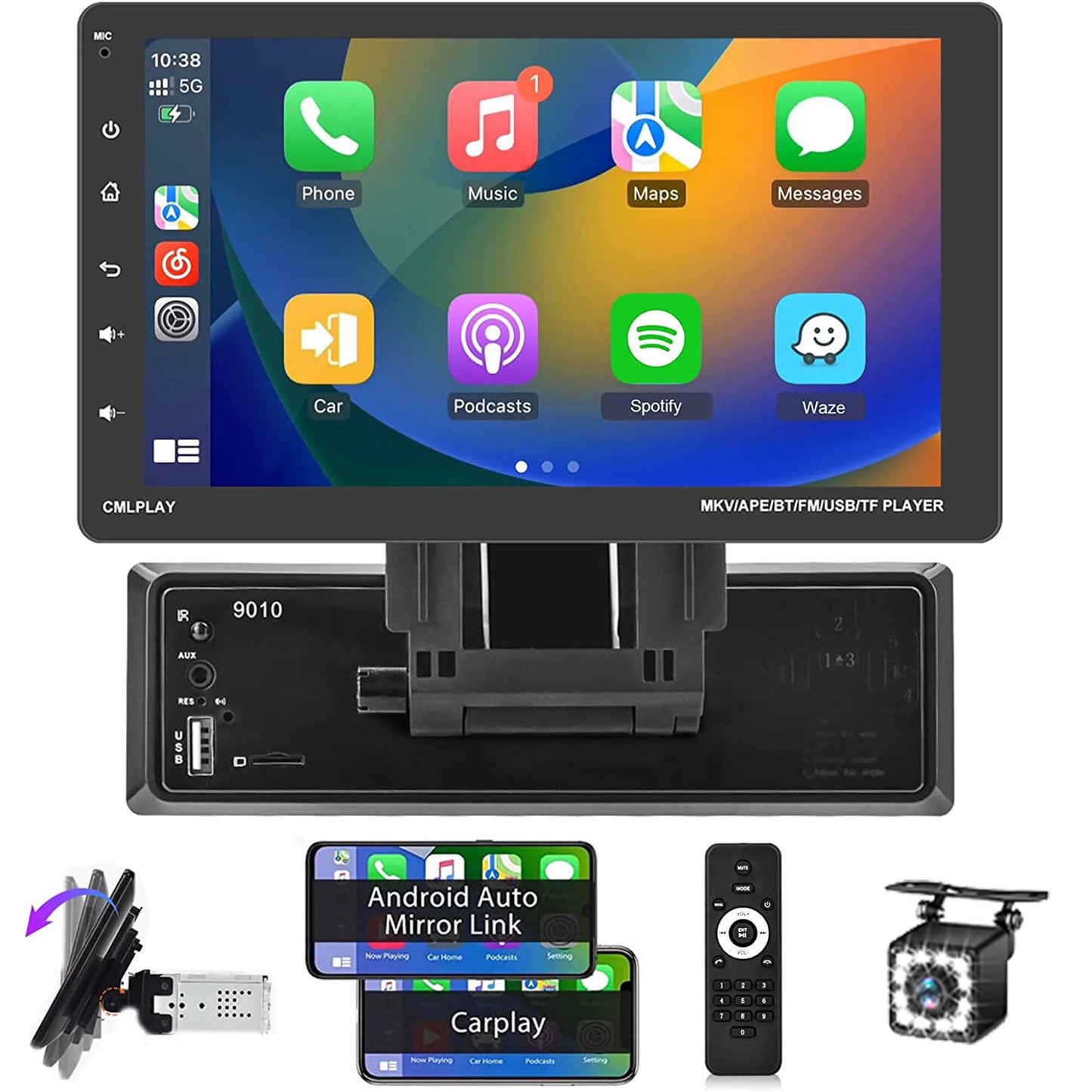 Screen USB Radio Din Android 9'' Receiver,Backup Link Car 1 Player Apple Stereo Single Multimedia Car MP5 Audio Auto Included Touch Podofo Camera Bluetooth FM Carplay Mirror HD with