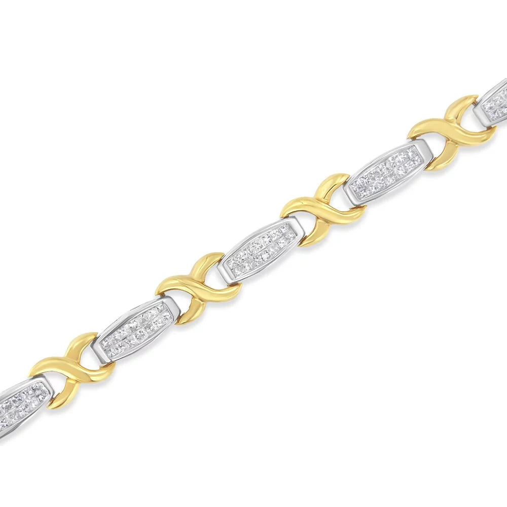 Bracelet Tennis 14K White 2 Yellow Invisible-Set and Gold Carat TDW X-Link Diamond (G-H, SI1-SI2)