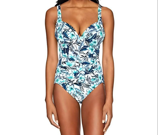 Piece One Swimsuit, White, Women's V-Neck 10 PENBROOKE Floral