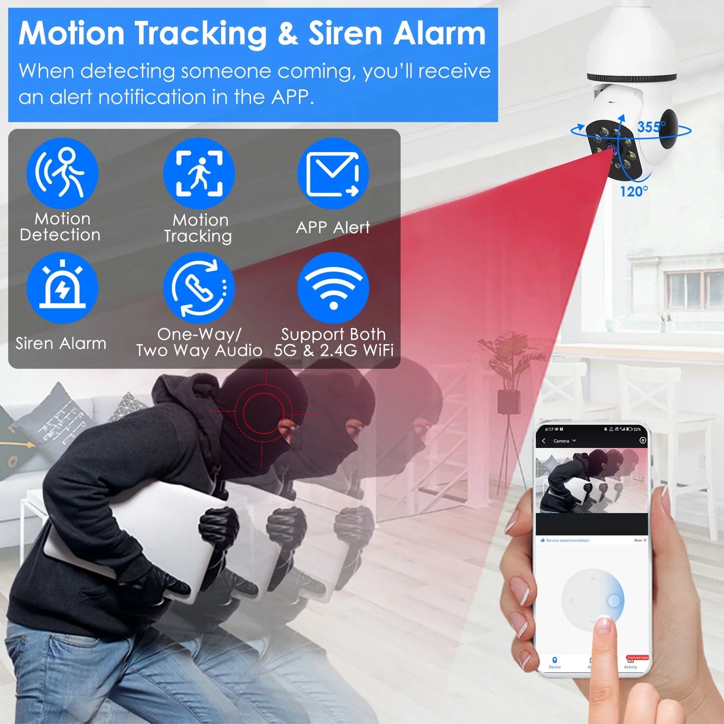 Camera Degree Vision Alarm Audio Surveillance WiFi E27 Wireless Bulb Control Camera APP 360 Electric Security Tracking Panoramic 1080P Motion Night iMounTEK Two-Way FHD