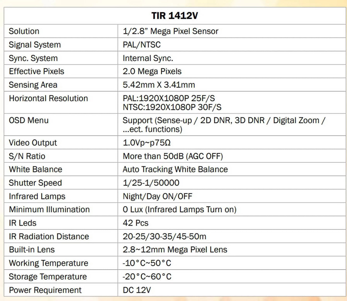 Outdoor IR 2.8-12mm, Sense-up 12V 2MP Camera, HD-TVI LED TIR-1412V-W DC, Bullet Eyemax 42