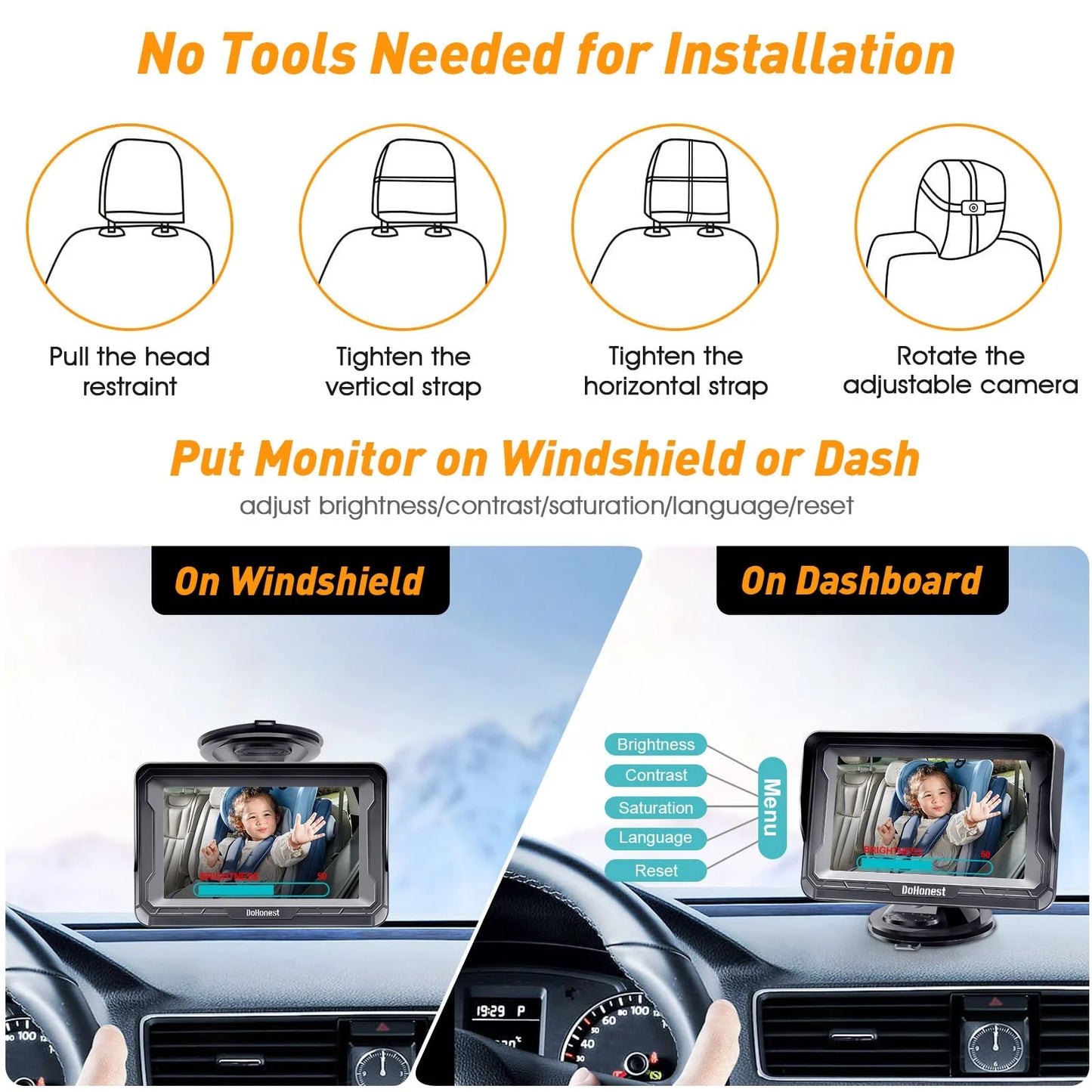 Backseat Play Install DoHonest Kids 1080P: Monitor -V33 3 Baby Easy Vision Car Camera HD Plug Rotating with Facing Two Car Camera Rear Camera 360&deg; Night Baby and Mins Crystal