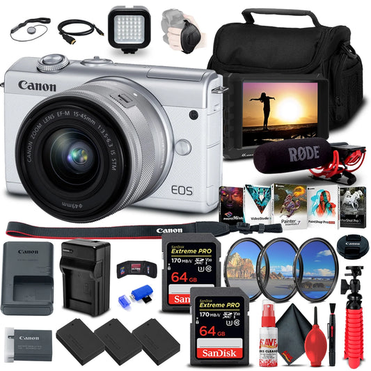 More + + + Monitor 15-45mm 2 M200 (White) Reader Mirrorless + Filter Memory + Battery Charger x with + Light + 3 Card 4K EOS Canon External 64GB Lens LPE12 Card (3700C009) + Camera LED x Kit