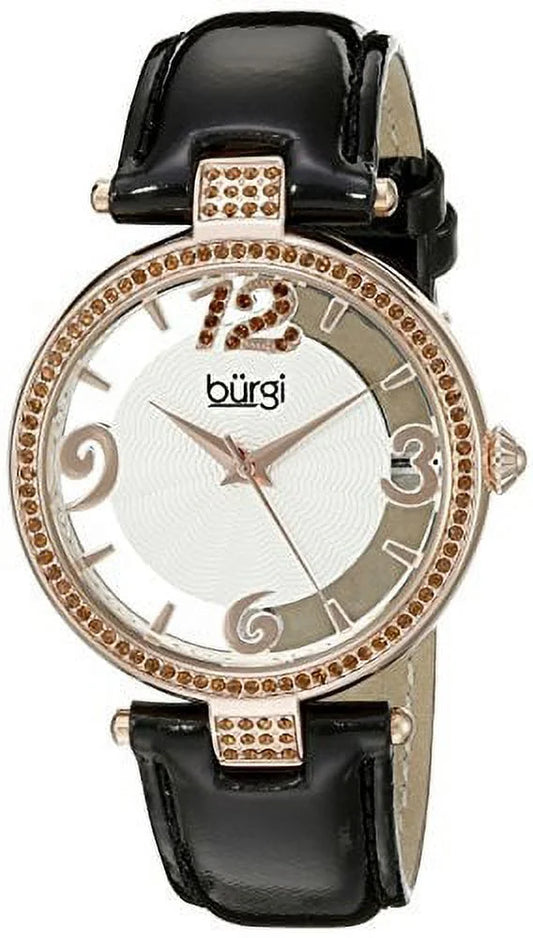 Crystal Leather Rose and Watch Women's See Dial Strap Swarovski Gold BUR150BKR Black Thru Accents with with Quartz