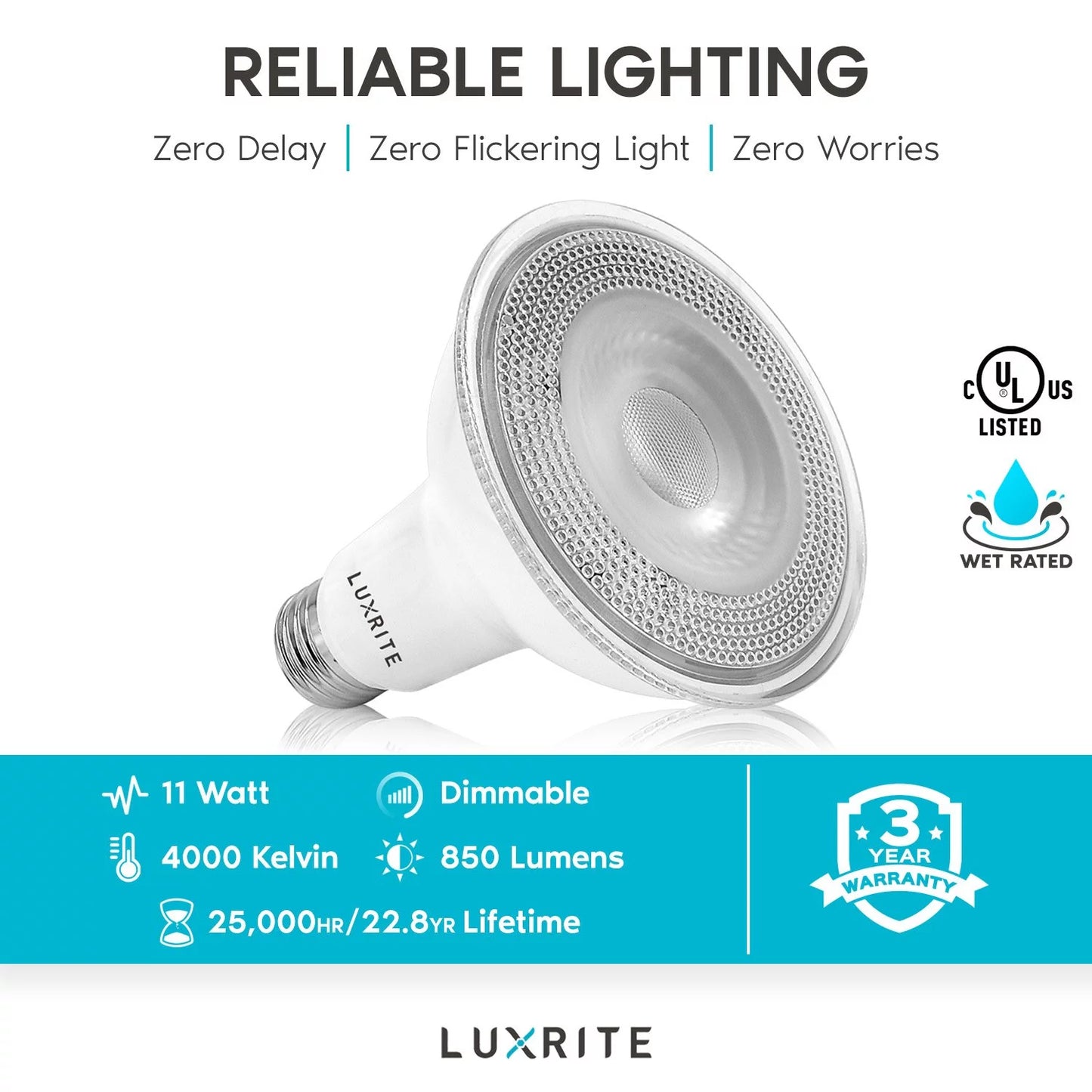 Base Rated Light Luxrite 4000K Bulb E26 LED Wet 850 Dimmable White UL 6-Pack Lumens Flood Cool Listed 11W PAR30