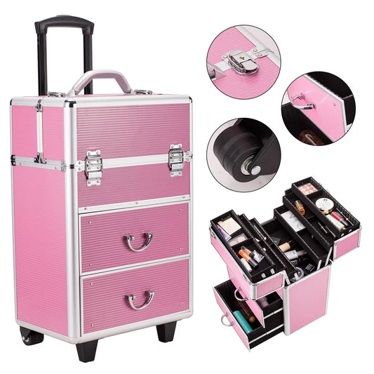 Train Makeup Wheels Tier 4 Rolling with Cosmetic Pink Cosmetic Lockable Cases, Women, Extendable Makeup Rolling for Organizer Trays, Case Cosmetic WRWQ852 Case