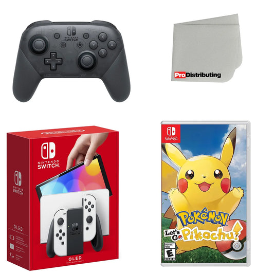 Extra Wireless Console OLED White Switch and Nintendo Pokemon: Let's Cleaning Pikachu! Controller, Screen Cloth with Go,