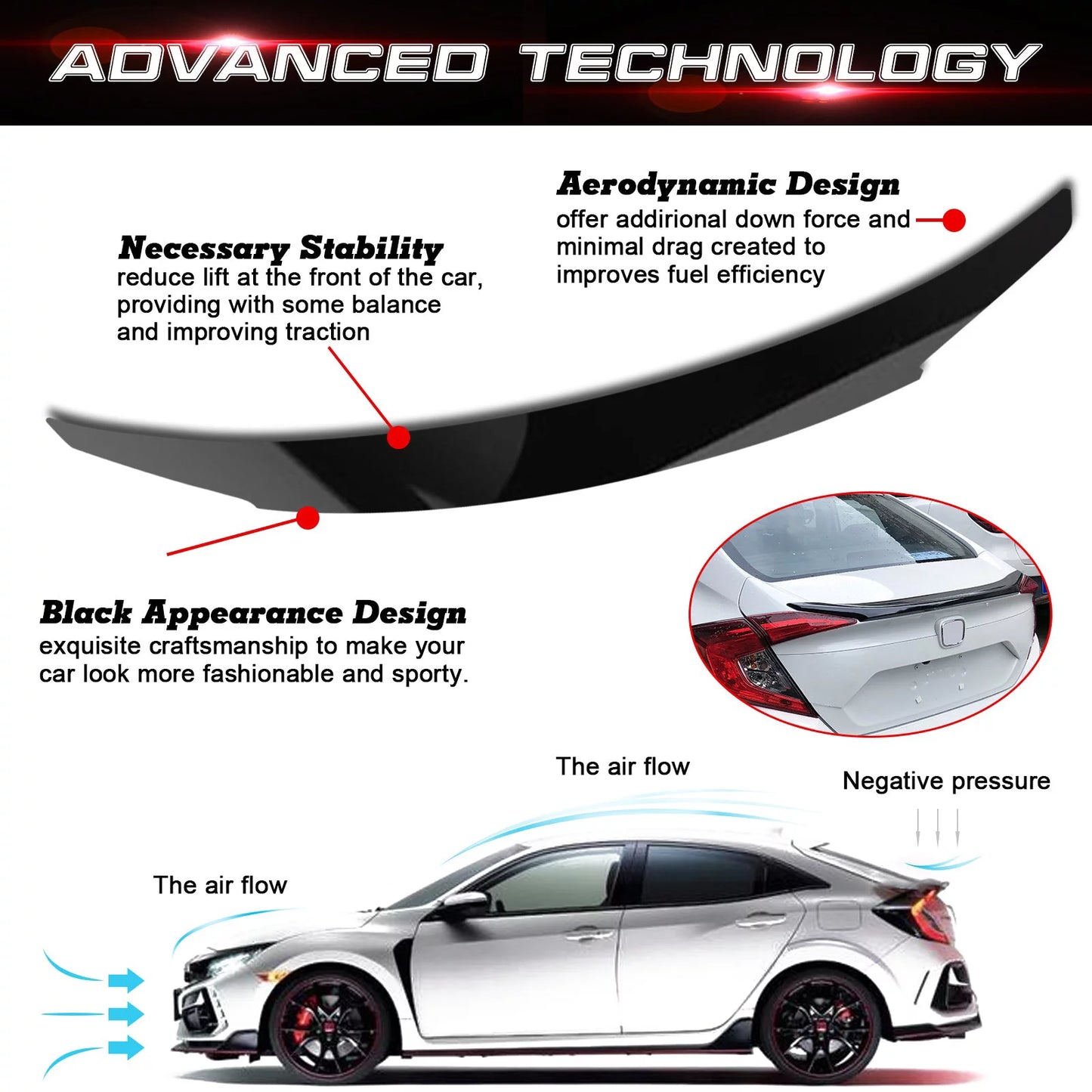 2016-2021 Lip Trunk 4DR Civic 10th Black Compatible Rear Style Tech Spoiler Xotic Honda Gen JDM with Wing Glossy