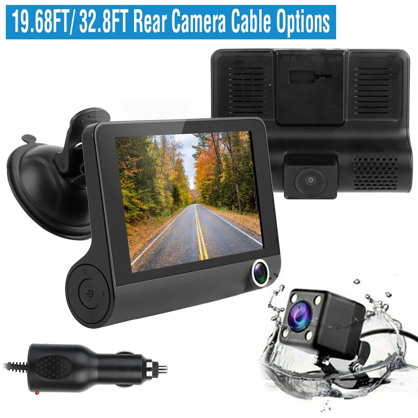 3 32.8ft 4in DVR Recorder, Driving Black FHD Rear Recording Touch with Dash Camera 1080P Loop Car Vehicle Car Wire, Lens Seamless Screen Recorder Camera iMounTEK