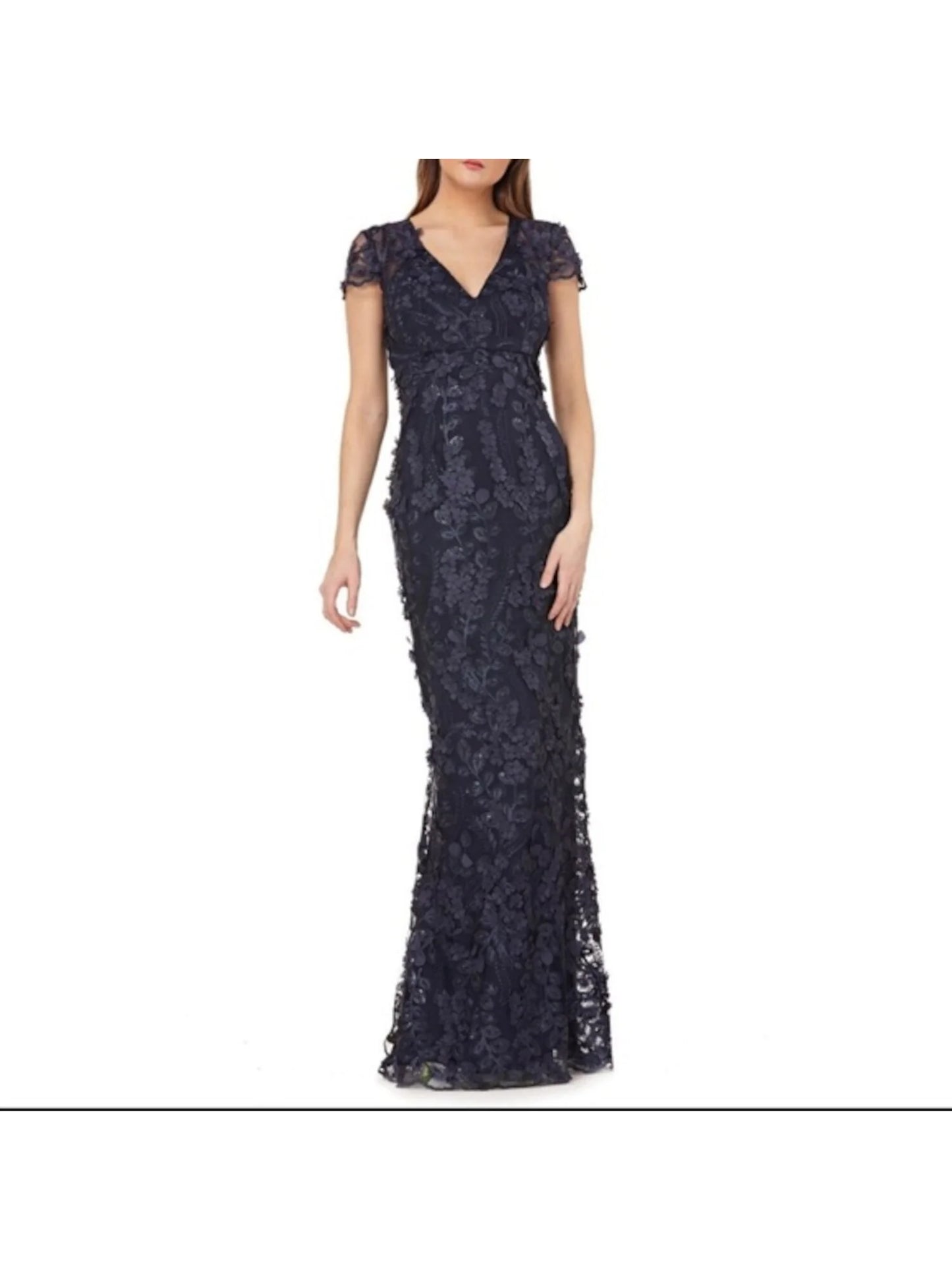 MARC 4 Formal Navy Cap Mermaid Sleeve Womens Embellished Floral Full-Length CARMEN Neck V Dress VALVO