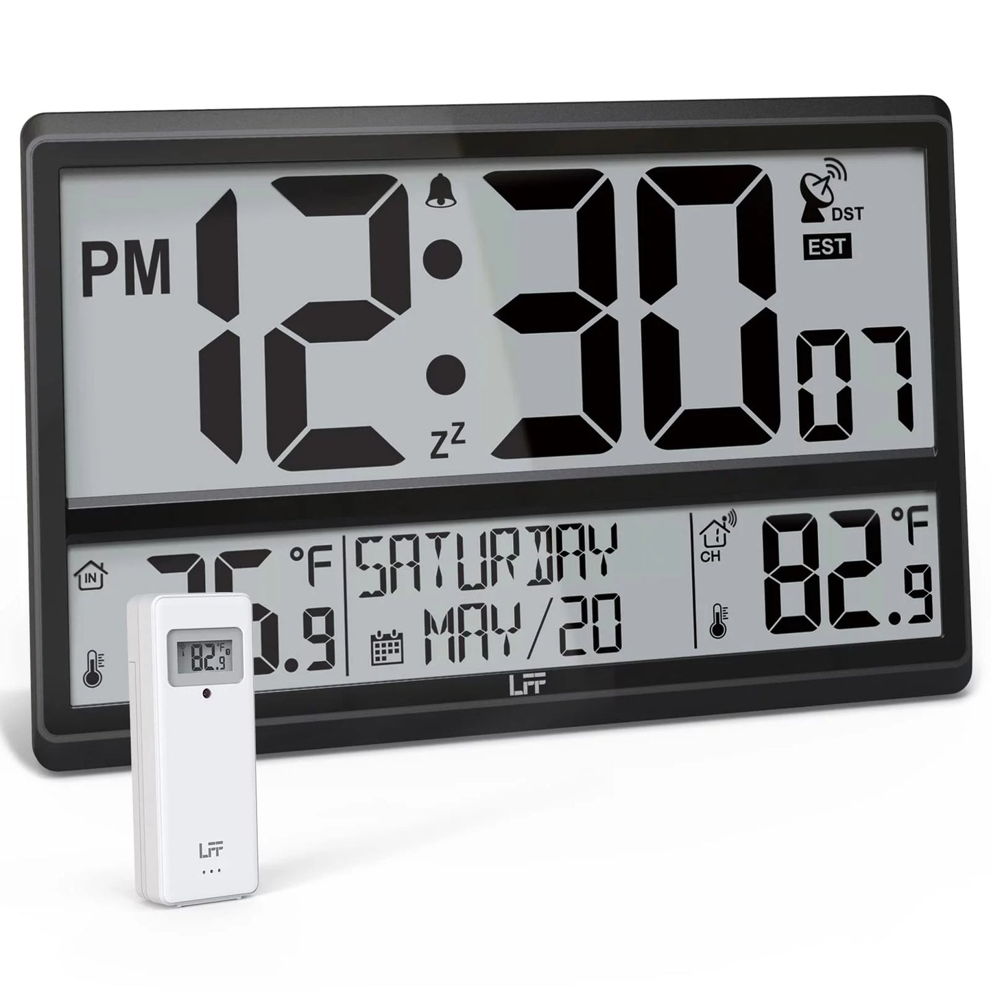 Clock Temperature, LFF with Clock Clock Atomic Operated, Outdoor Needs Atomic Indoor 15" Wireless Digital 4.5" Outdoor with / Large Never Wall Battery Wall Numbers / Setting, Sensor Easy-to-Read,