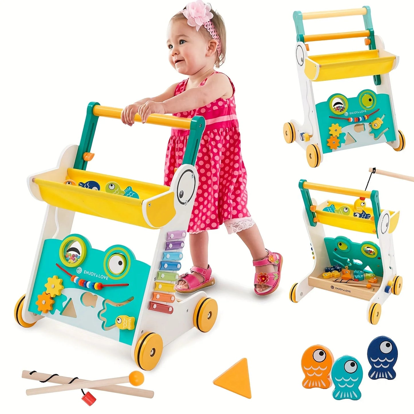 Sorter Sit-to-Stand Toddler Kids Learning Shape Baby for Center Multiple Push Walker Boys Infants Toy Entertainment Activity Wooden Fishing Along with Walker Girls Xylophone Push Trolley Baby