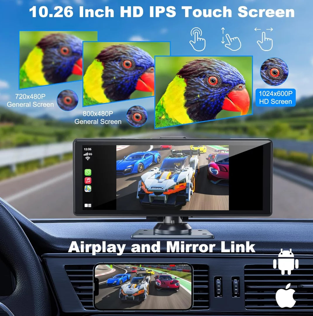 Wireless Inch Back-up with 4K Support Carplay& Car Android Camera Bluetooth/Siri/Google/GPS/Mirror-Link Touchscreen IPS Auto Dashcam and Screen,10.26 HD Portable