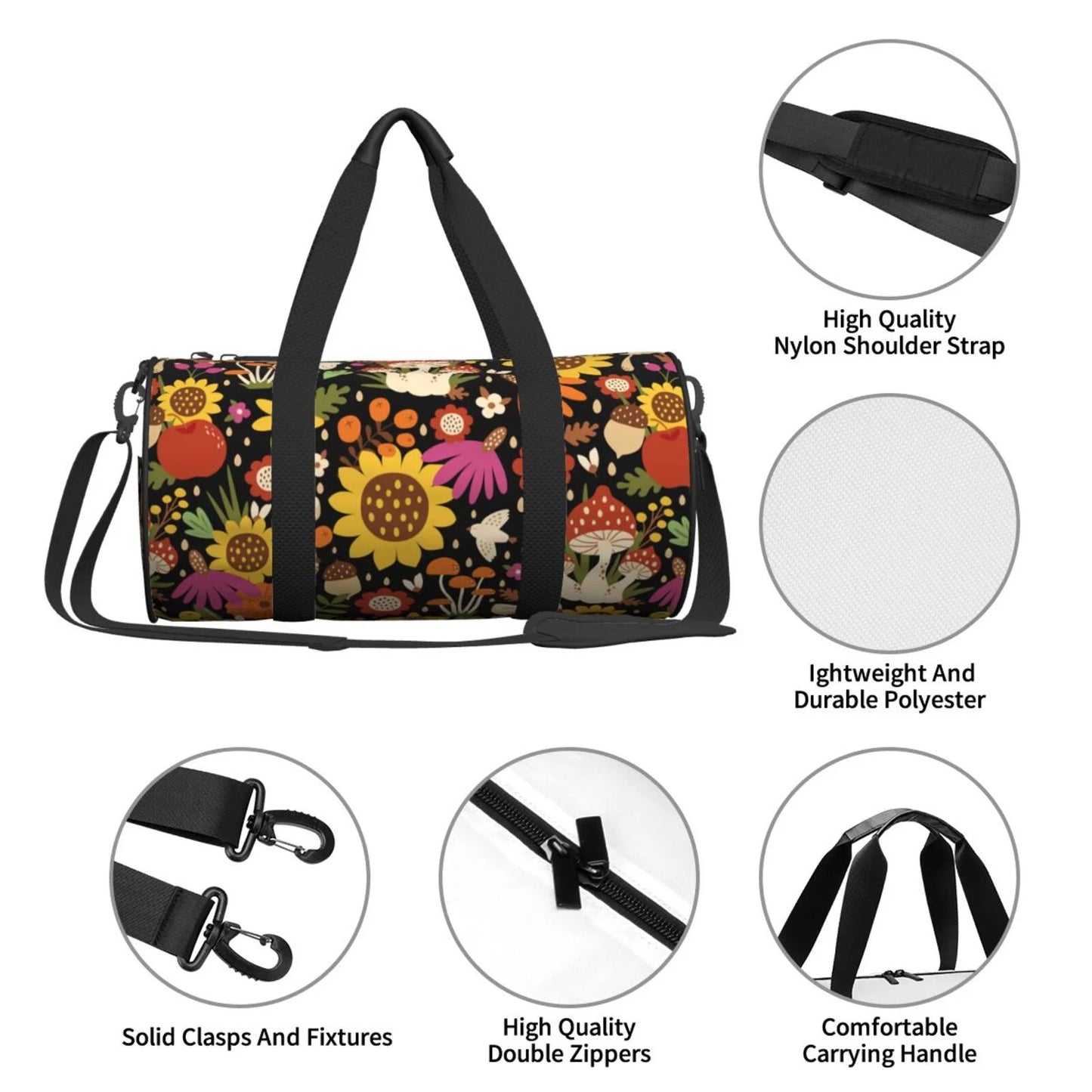 Coaee Compartment Capacity Large Gym Waterproof Bag Travel and Bag Bag Pocket Sports Sunflowers Luggage Cylinder Mushrooms with