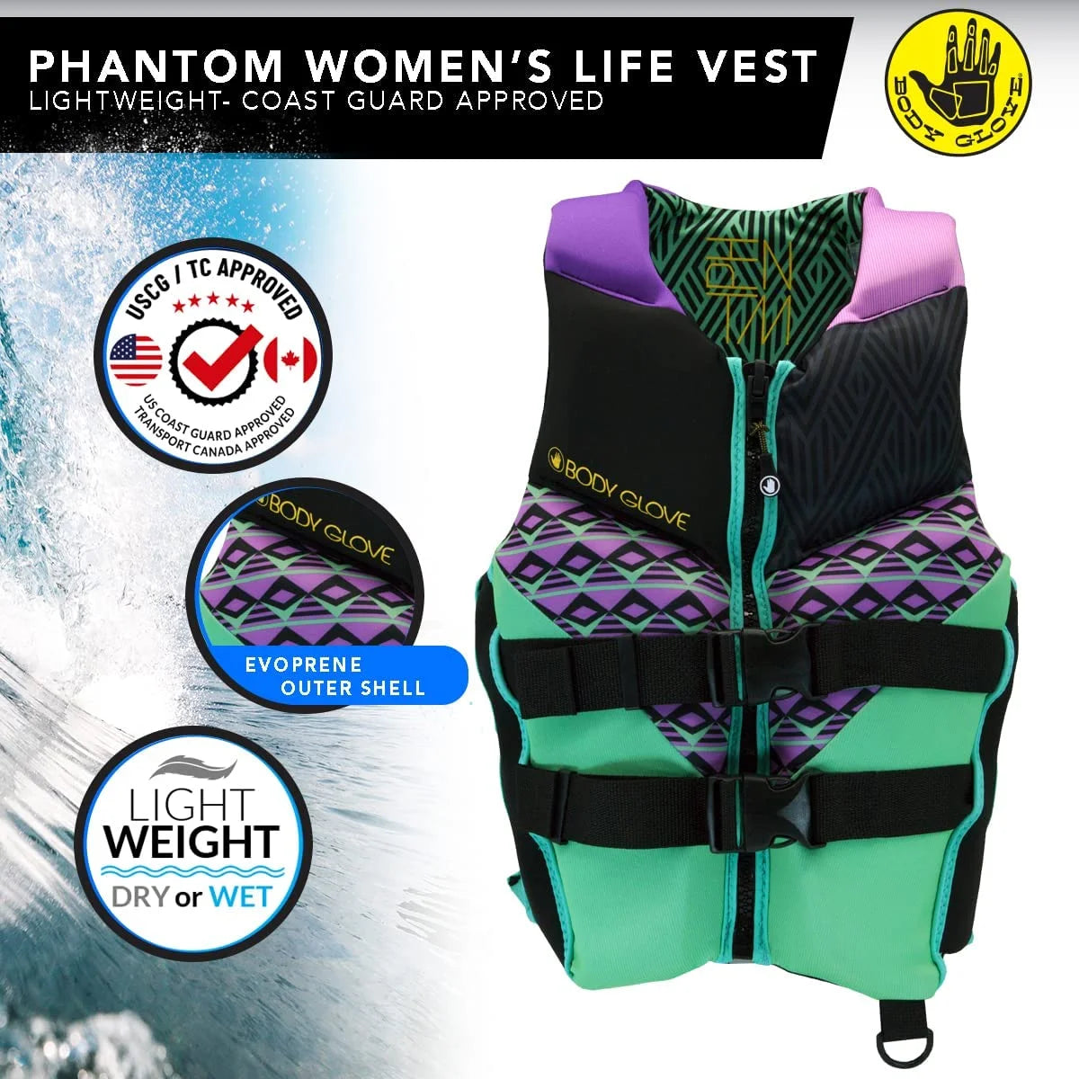 2XL, -Adult, Women, Jacket Body Women's PFD-Adult Aqua Phantom Life Glove-