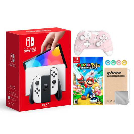 Mario Improved Console LAN-Port Accessories Battle OLED Joy Controller HD Dock Kingdom 2021 Rabbids and Wireless And White & Screen Nintendo 64GB Model with Mytrix Con New Switch