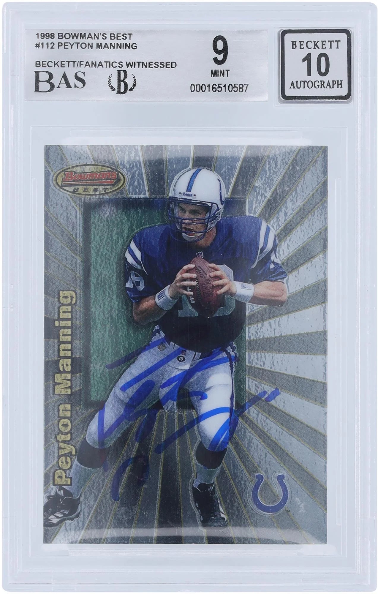 Colts Indianapolis Certified Fanatics Manning Rookie 9/10 #112 Card Beckett Best Autographed Authenticated Fanatics Peyton - Authentic Witnessed Bowman's 1998