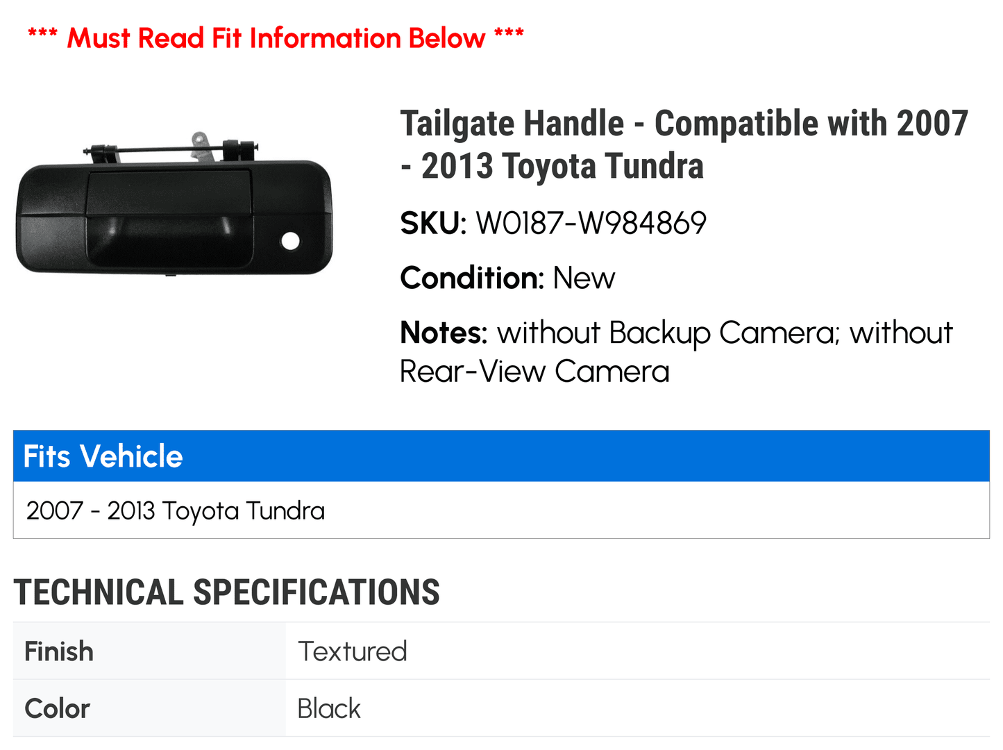 Compatible 2011 Backup Handle Tundra 2009 2008 - Textured without 2007 (Models 2012 Camera without Tailgate Rear-View - Camera) - - Toyota 2013 Black with 2010