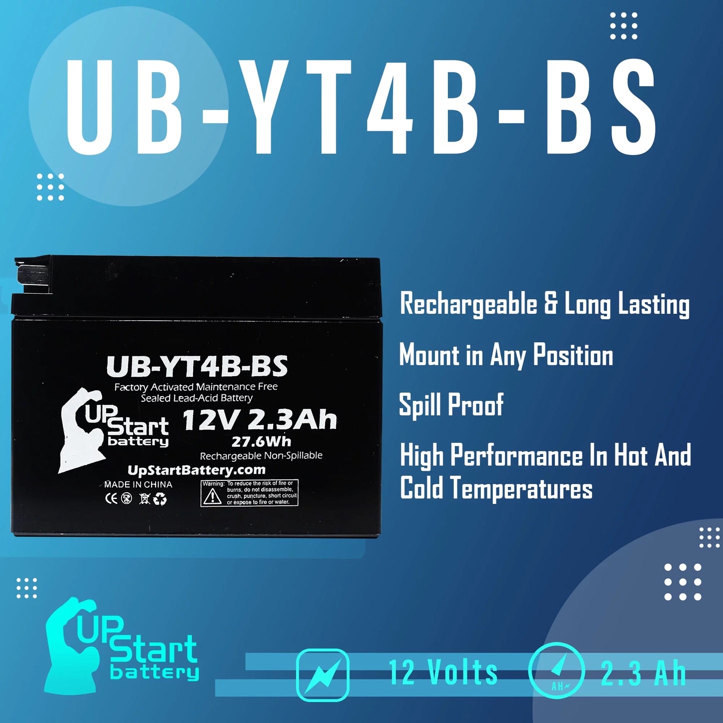 400CC Activated, Yamaha Battery Replacement Maintenance Battery Free, Factory UpStart 12V, Motorcycle SR400 - 2004 2.3Ah, UB-YT4B-BS 4-Pack for