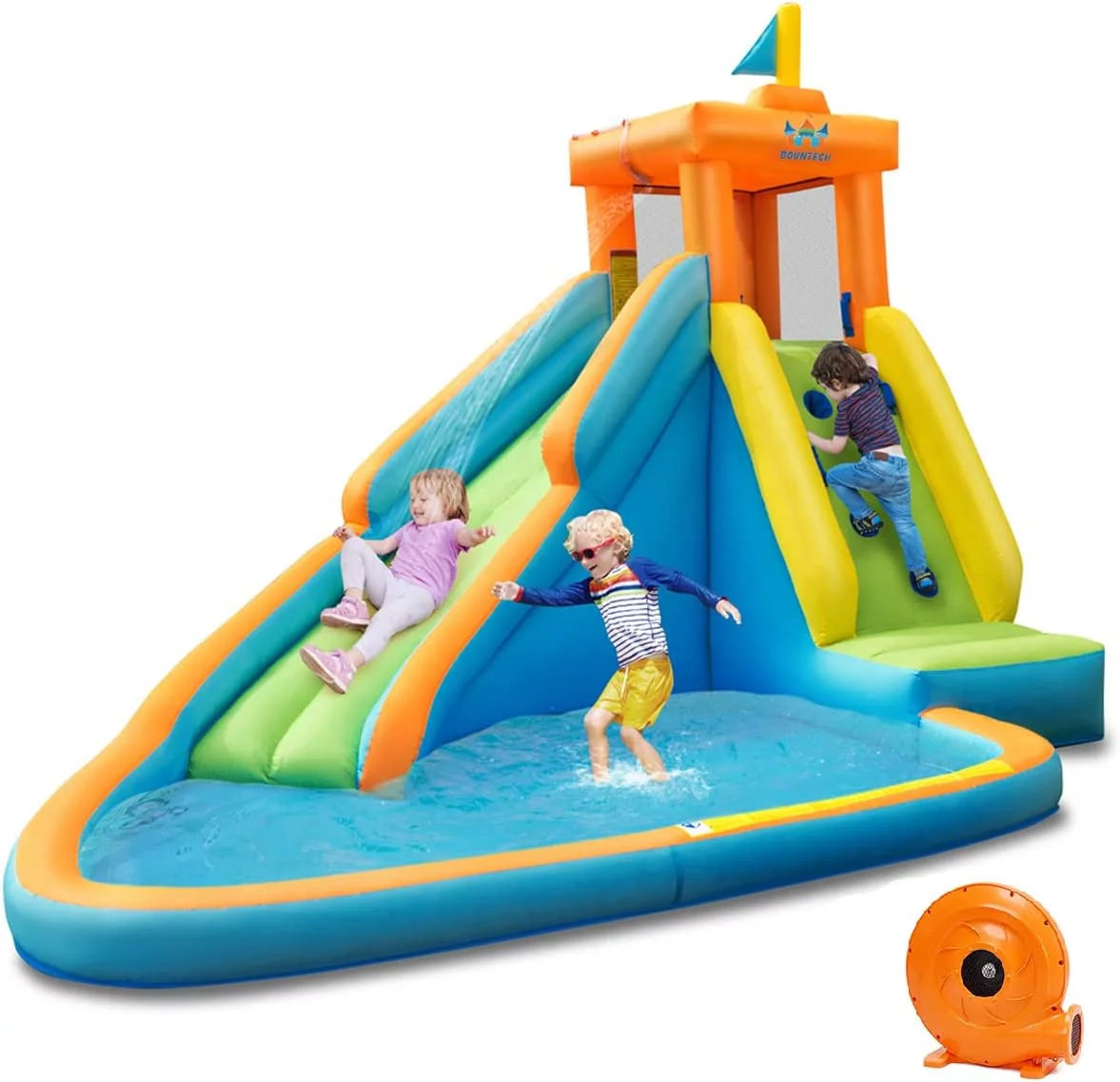 Outdoor Splashing Water w/Long Slide, Cannon, for up Blower, Water 740w Water Kids Adults Themed for Big Kids and Slides Park Slide, Inflatable Pool, Giant Backyard Water Hippo Blow Indoor