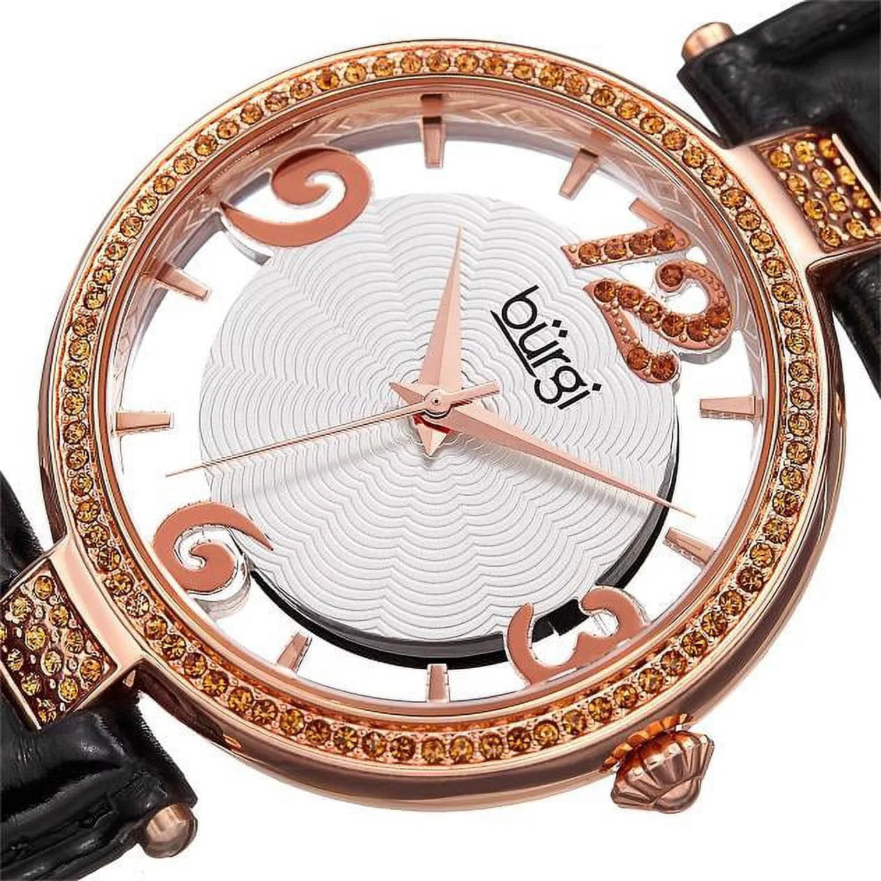 Crystal Leather Rose and Watch Women's See Dial Strap Swarovski Gold BUR150BKR Black Thru Accents with with Quartz