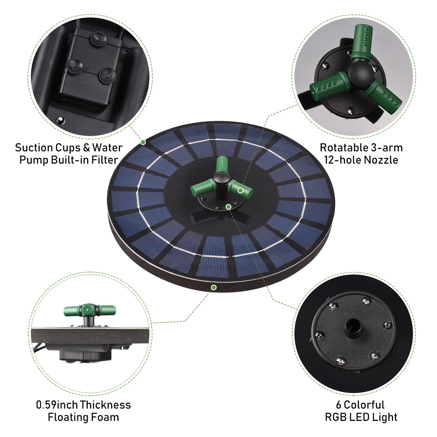 Solar Fountain Fountain Small 6W off Garden Battery 9 Bath Auto-Shut for Nozzle Rotatable Pump RGB With Colorful Solar Inch Pump With Pond Bird